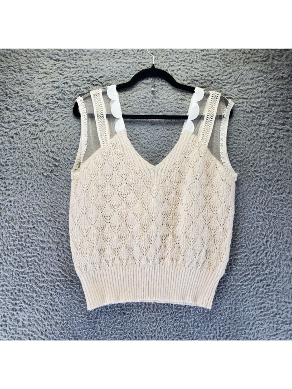 Maeve Sweater Womens One Size Cream Lace Knit V-Neck Lightweight Pullover - Picture 7 of 8